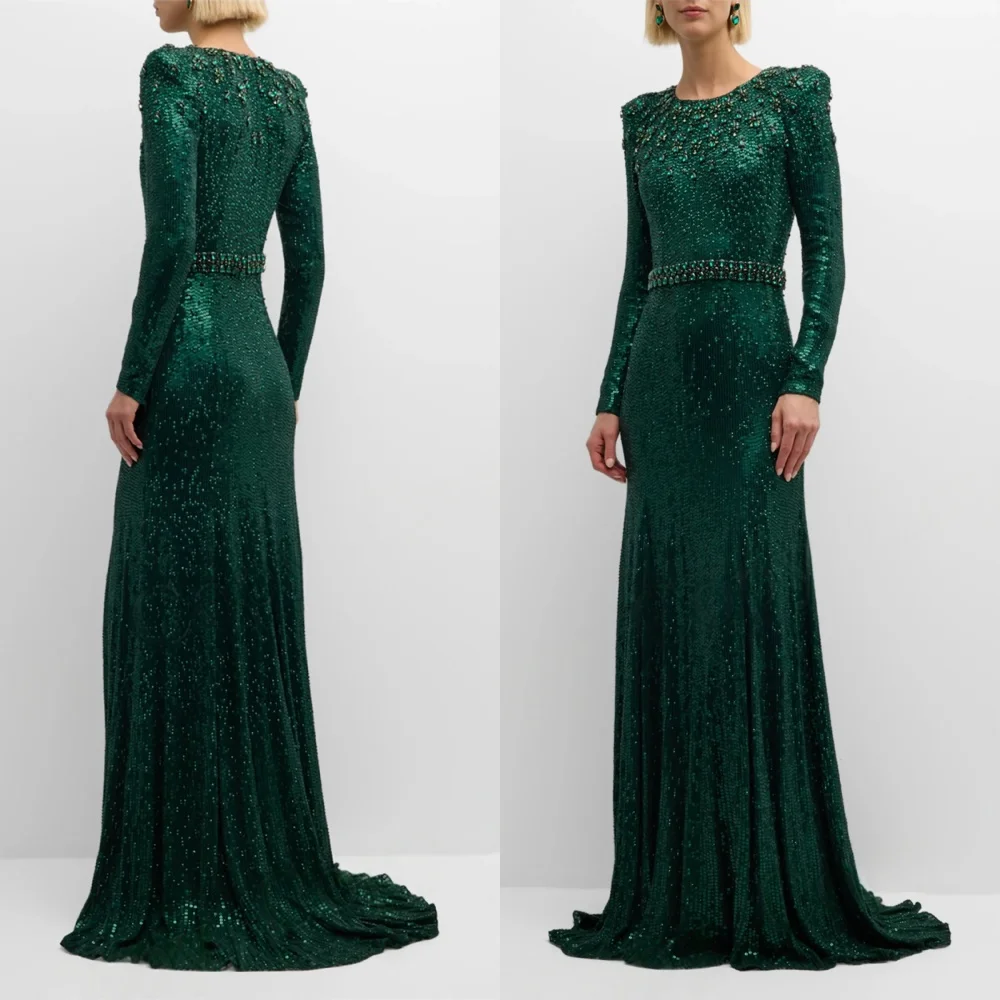

Customized Sparkly Green Evening Dresses Fashion O-Neck Long Sleeves Homecoming Dresses Modern Court Train Vestido De Festa