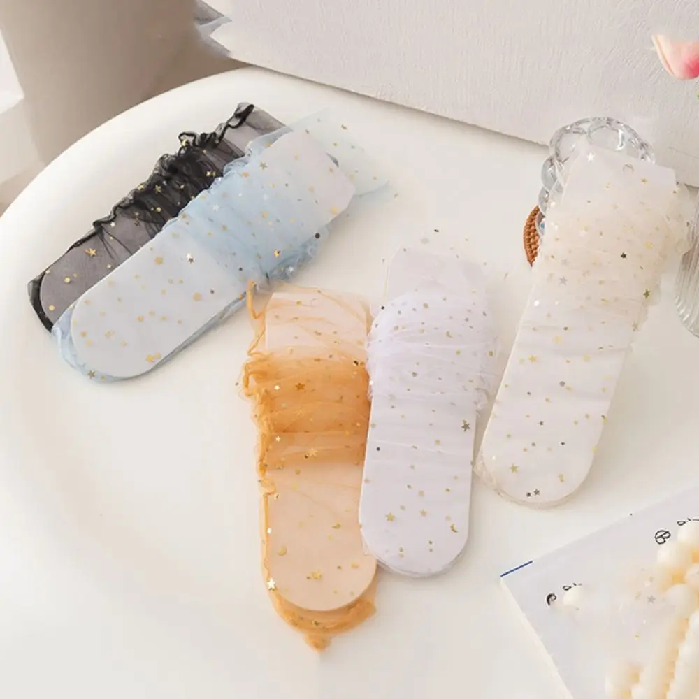 

5Pairs Star Moon Transparent Bow Socks Sweet Mid-calf Tulle Shiny Socks Breathable Female Hosiery Mesh Tube Socks Women Girl