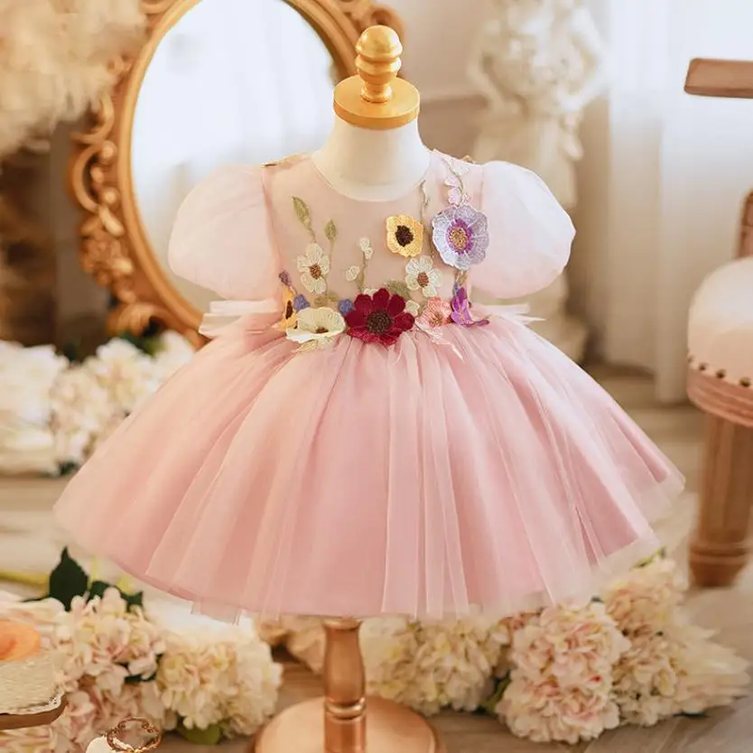 

Kids Clothes New Children Princess Pink Ball Gown Bow Appliques Design Birthday Baptism Party Easter Dresses For Girls A3689