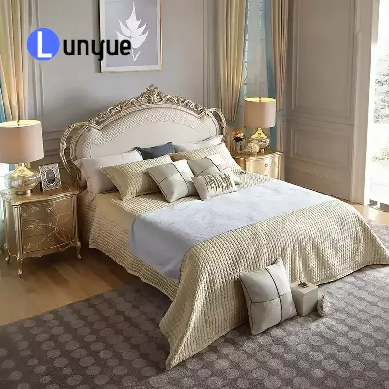 Antique Handmade Solid Wood Double Bed Deluxe Upholstered Queen Size Bedroom Furniture Classic Vintage Style Home Decor