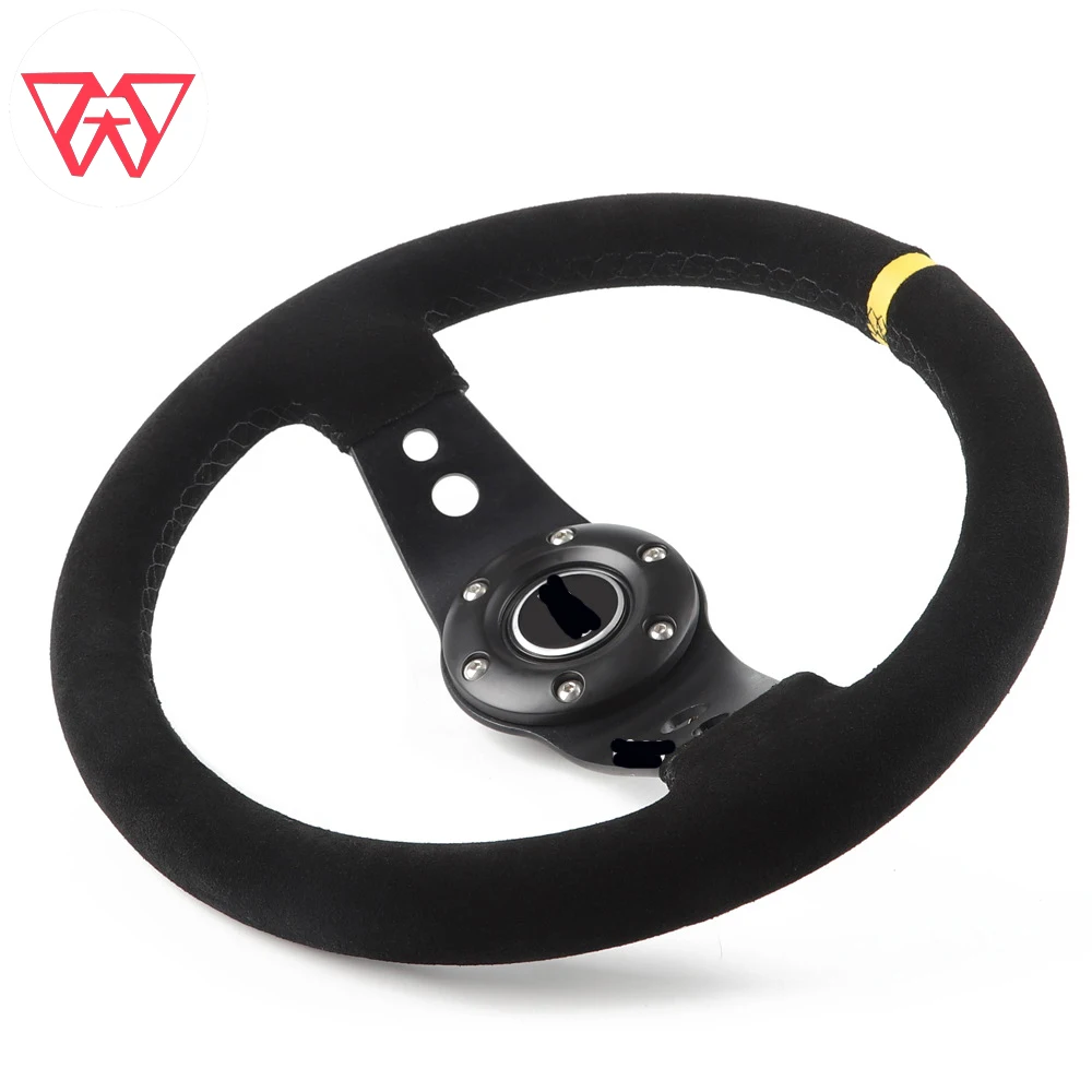 Universal 13 inch 330mm Suede Leather Steering Wheel 2 Spoke Racing Sports Deep Dish Steering Wheel Yellow Stripe