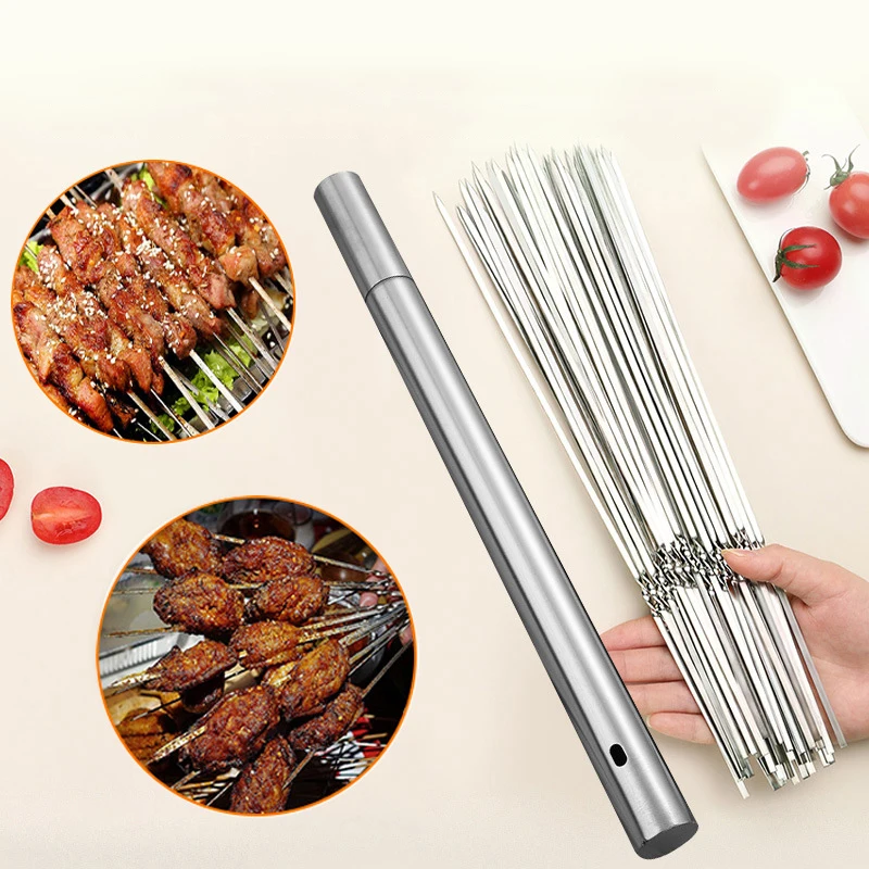 Stainless Steel BBQ Holder Household BBQ Barrel Skewer Grill Needle Grill Fork Lron Grab Box Set Of Tools For Outdoor Barbecue