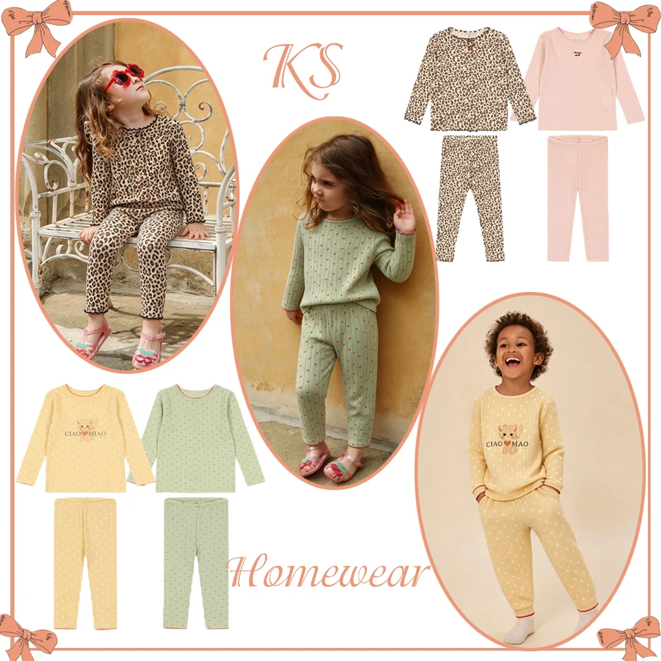 2026 KS Pajamas for Children Bodysuits Loungewear Pants Bottoms Set Kitten Leopard Print Baby Boy Girl Cotton Underwear Homewear