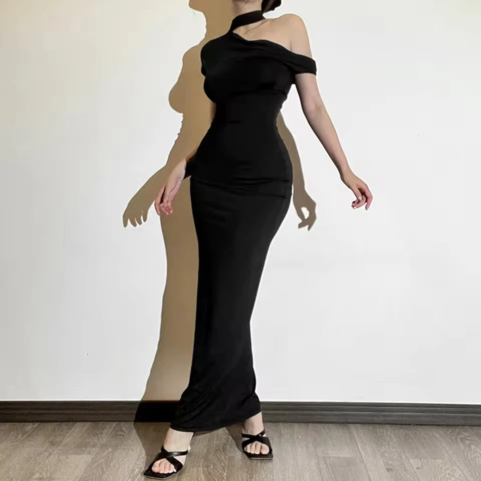 

Sexy Dress Outfits Women Casual Pure Alluring Maxi Dress Solid Color Asymmetric Off Cocktail Dress Formal Occasions Outfits