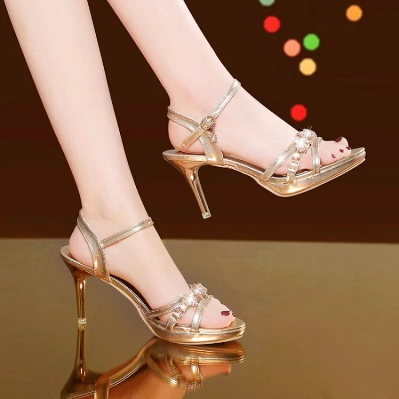 New 2023 Summer Luxury Designers Women Sandals Fashion Gold Rhinestone Thin High Heel Shoes Ladies Elegant Party Dress Sandalias