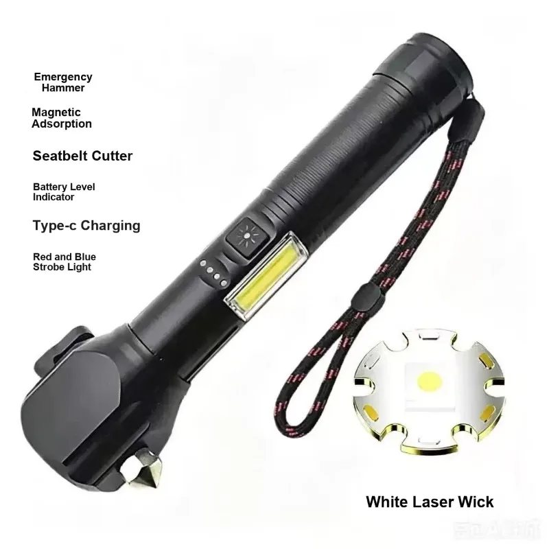 Multifunctional Tungsten Steel Hammer Flashlight Window Breaking White Laser Zoom Magnetic Suction for Outdoor Emergency Safety