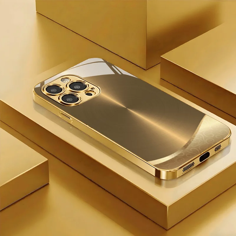 

Golden metal brushed pattern straightedge trendy electroplated gold glass case For iphone 17 16 15 14 13 12 11 Pro Promax Plus