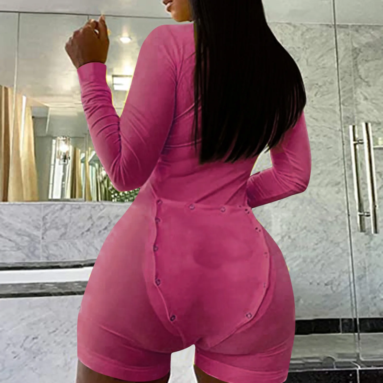 

Women Sexy Short Pajama Romper Open Butt Buttoned Long Sleeve Jumpsuit Fluorescence Color Deep V Stretchy Playsuit Nightwear