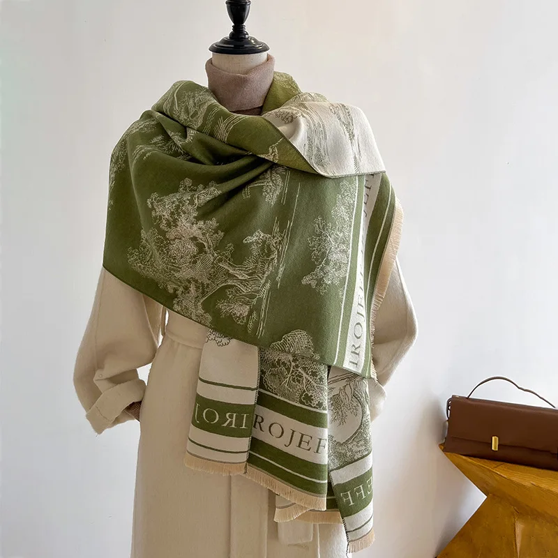 

Elegant Jacquard Double Sides Imitate Cashmere Scarf Long Shawl Autumn Winter Warm Women Neckerchief Bigsize 180*65Cm Blanket