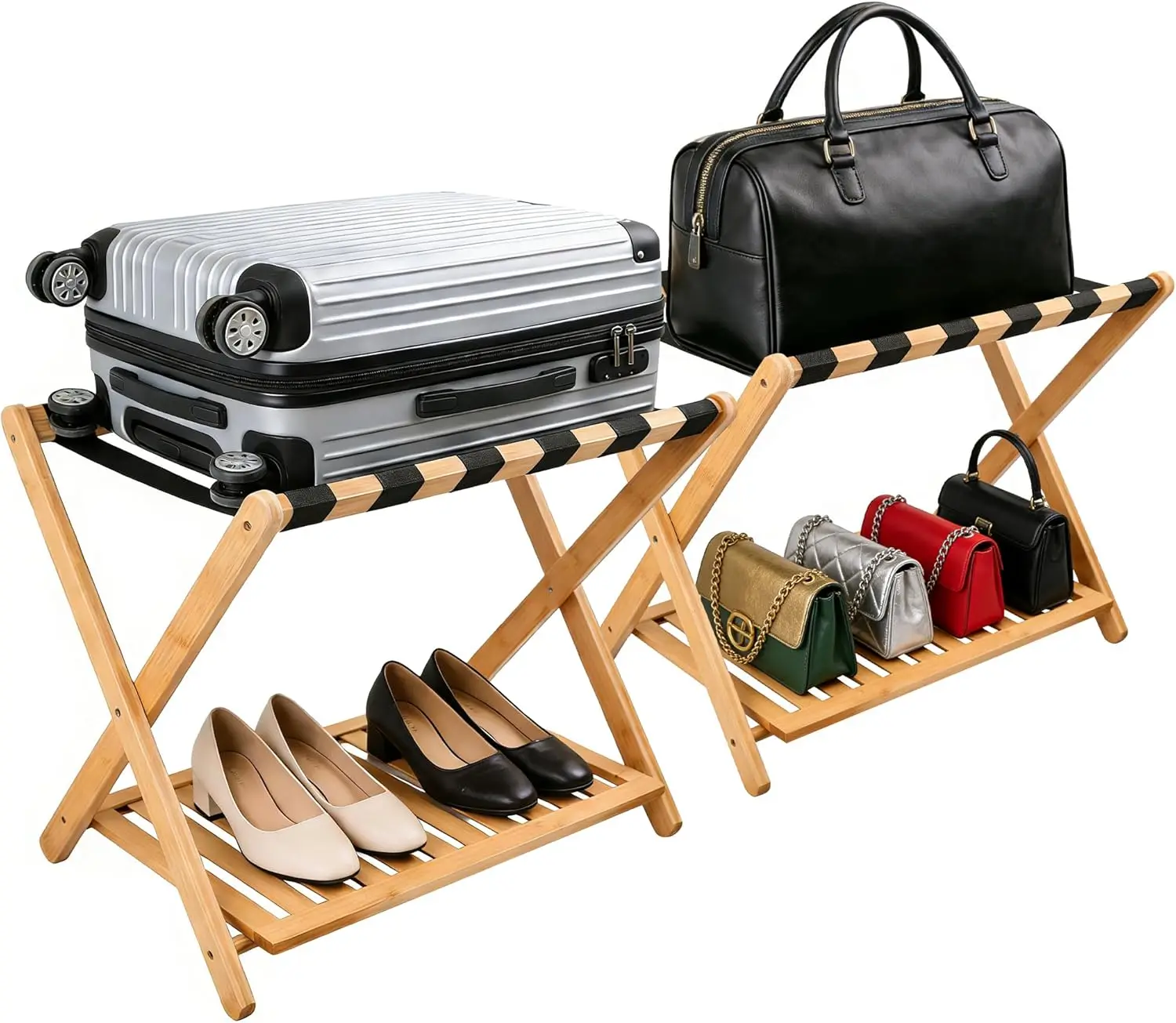 

2-Pack Folding Bamboo Luggage Rack with Storage Shelf for Guest Rooms, Sturdy & Easy Assembly