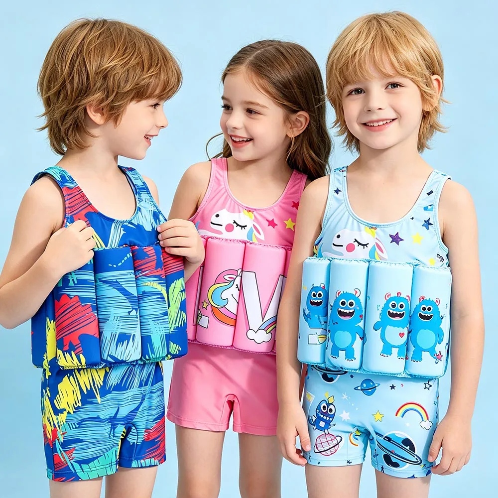Float Foam Kids One Piece Swimsuit Boys Girls Cartoon Print Sleeveless Training Float Suit Toddler Beach Pool Swimming Costume
