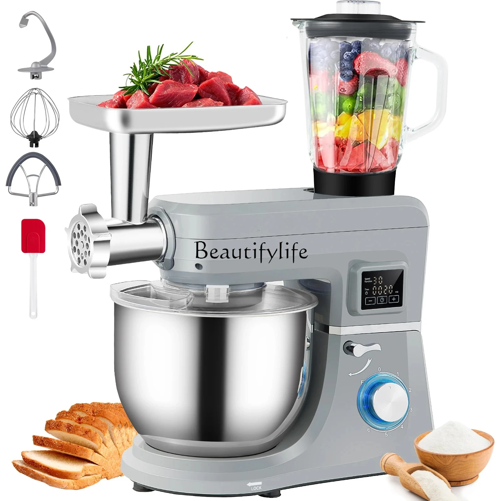 

SucceBuy 5 IN 1 Stand Mixer Multifunctional Electric Mixer with 6 Speeds LCD Screen Timing 7.4 Qt Stainless Bowl Dough Hook