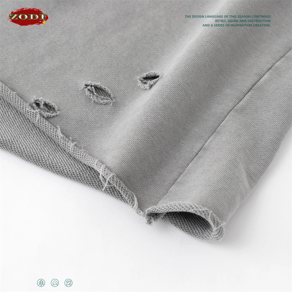 ZODF 2025 Men Summer Heavy Weight Washed 330gsm Cotton T-shirt Unisex High Street Distressed Holes Oversized T Shirts Tee HY0984 view 6