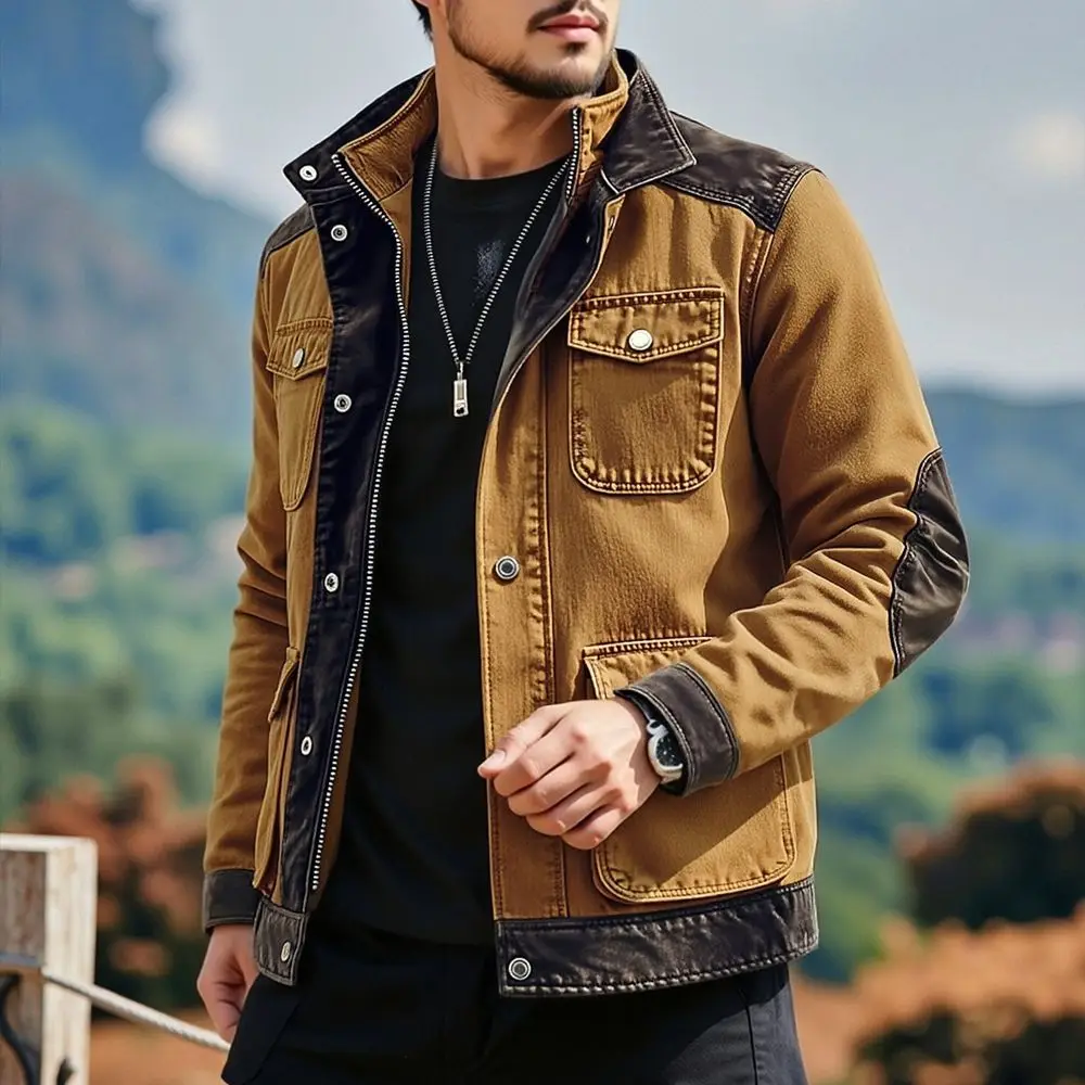 Spring Autumn Men's Vintage Style Denim Jackets Trend Patchwork Multi Pocket Casual Outwear Coat Male American Retro Chic Jacket