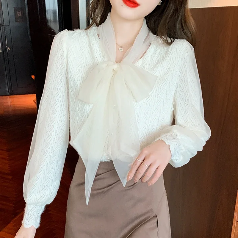 Autumn Winter Long Sleeve Blouses Women 2024 Korean Fashion Clothing Streetwear Blusas Mujer Elegant Bow Neck Lace Tops Shirts