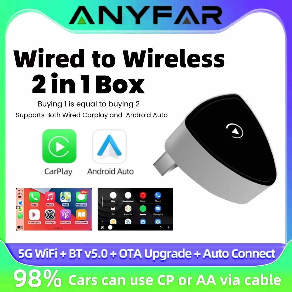 Adaptador Wireless CarPlay Android Auto 2 em 1, Adaptador Wireless CarPlay, Dongle USB Inteligente para iPhone e Android em Carros com Conexão Física de Fábrica