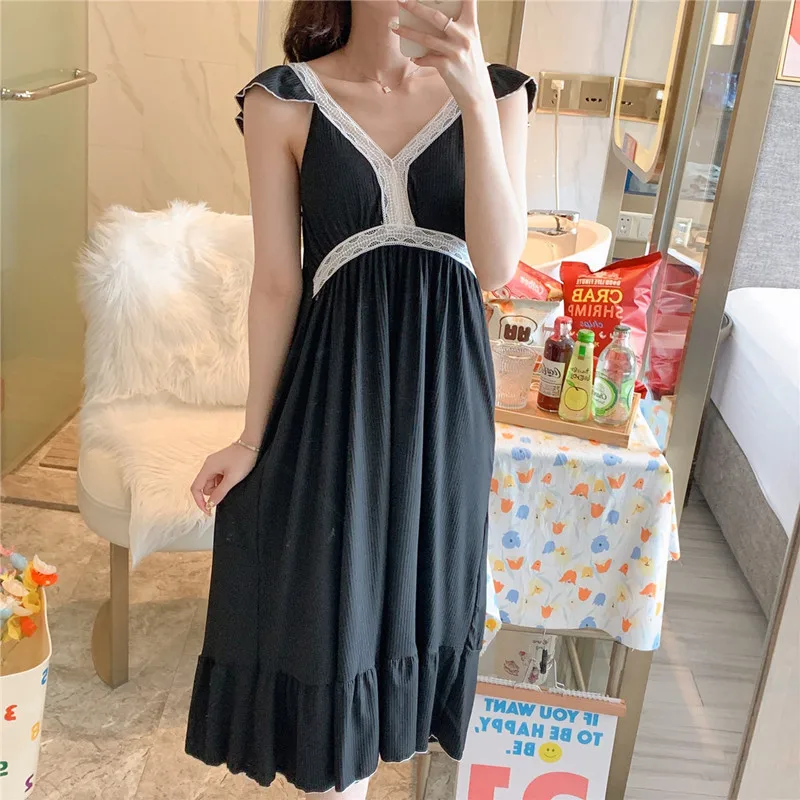 Summer Sleeping Dress Solid Color Thin Sexy Nightgowns Women Sleeveless V Neck Nightshirt Female Mid-Length Nightdress