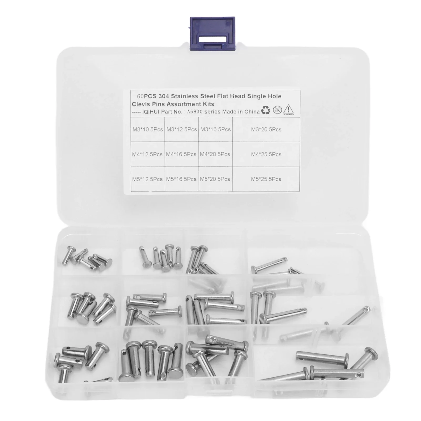 12 Sizes Stainless Steel Clevis Pin Single Hole Flat Head T Shape Round Pin Assortment Kit for Car 60pcs