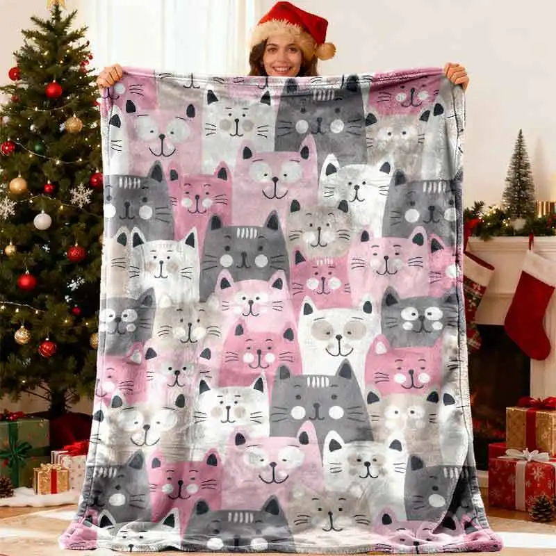 1pc Pink and Gray Cartoon Cat All-Over Print Warm Flannel Blanket, Warm Comfortable Soft Throw for Sofa Bed Couch Car Office Cam