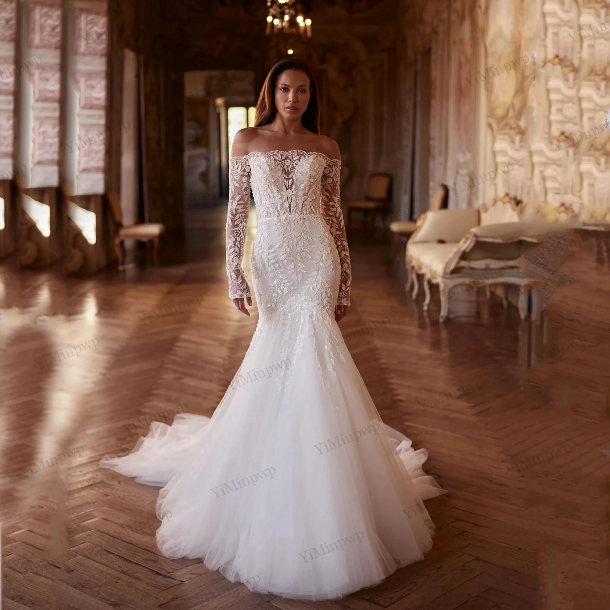 Роскошные свадебные платья с открытыми плечами, аппликация из бисера, платья невесты-русалки для женщин, платья с длинными рукавами, Vestidos de Novia 2026, по индивидуальному заказу