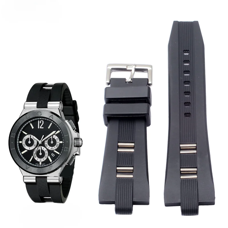 Durable and Comfortable Waterproof Silicone Watchbands for Bvlgari Strap with Convex Interface 26x9mm Black Rubber  Strap