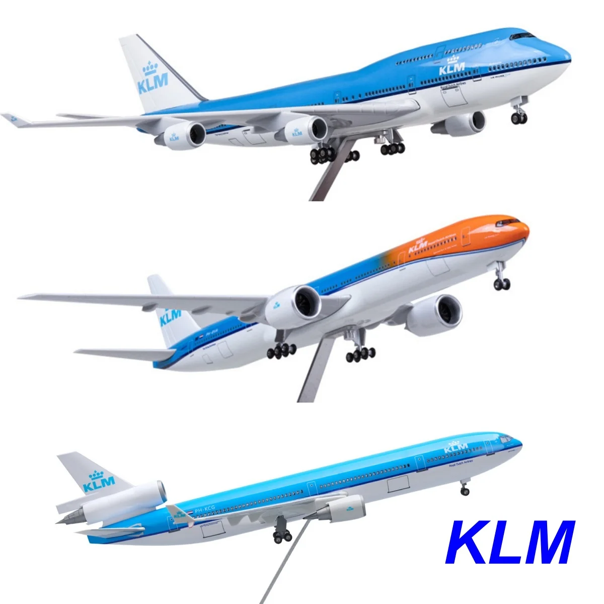 Model samolotu KLM 47 cm, B747 B777 MD-11 MD11, odlewany z żywicy, ze światłem i podwoziem, kolekcja samolotów, zabawka.