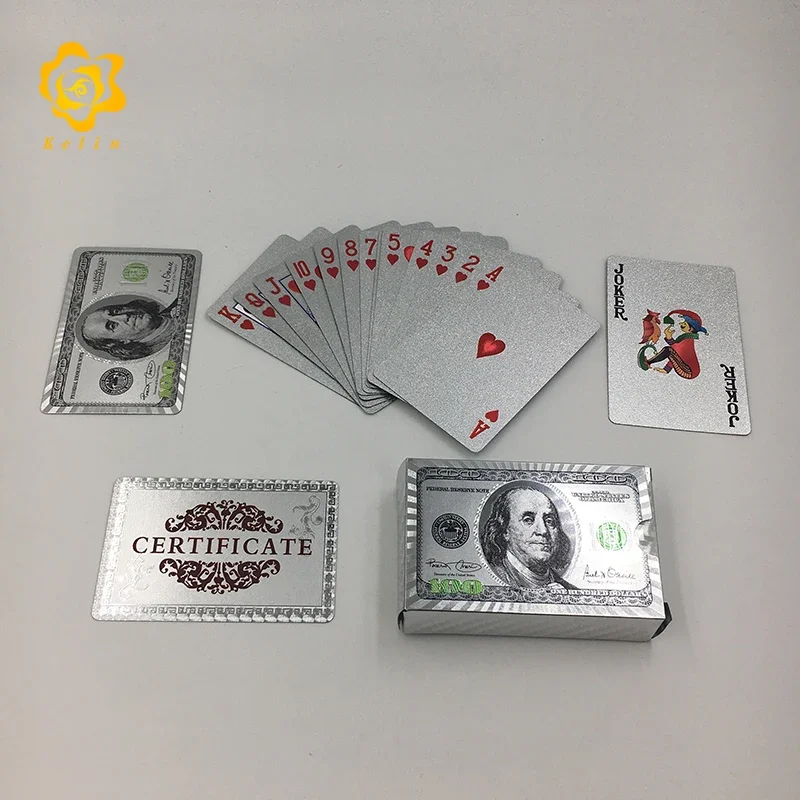 PET material Gold or Silver Plated Plastic Poker Cards 100 USD Banknote designed playing cards with wooden box select