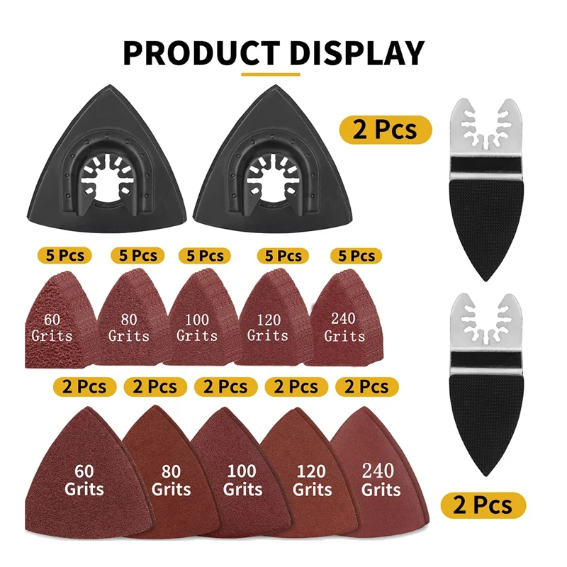 Oscillating Tool Sanding Pads, 4-Pack 3-1/8In Triangle And Finger Hook And Loop Sanding Pads With 35-Piece Sandpaper Set