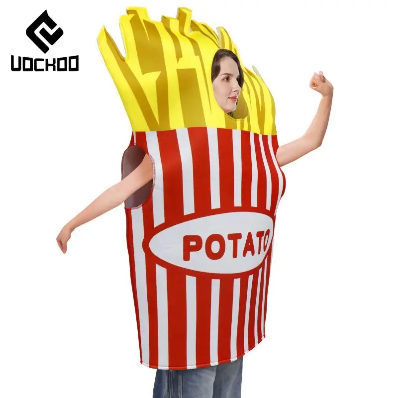 Volwassen cosplay frietjes kostuum jongen meisjes bodysuit carnaval partij grappig eten outfit snack print spons kleding fantastische show