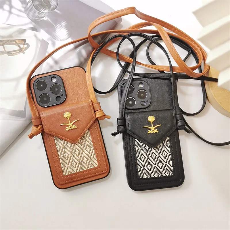 

Luxury Coconut Tree Card Bag Leather With Lanyard Phone Cover Case For Iphone 15 14 13 12 11 Pro Max Xr Max X Hard Coque Fundas