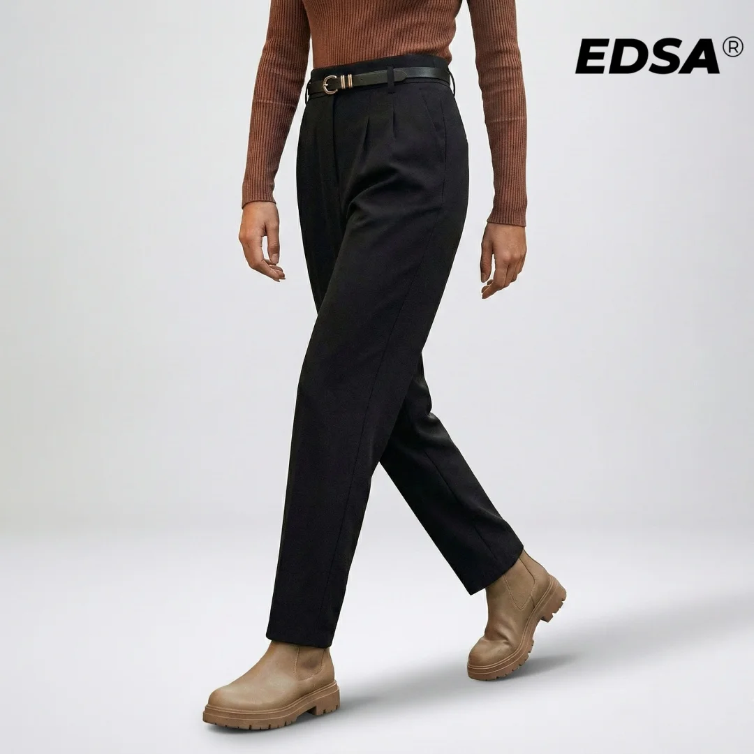 EDSA Women Fitted High Waist Trousers with Belt Straight Leg Long Pants for Office Lady Streetwear