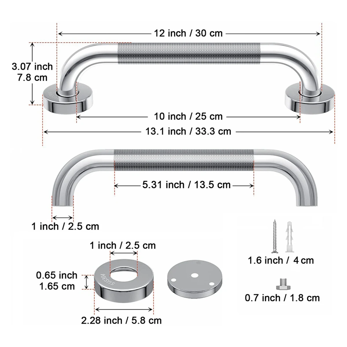 滑り止めシャワーグラブバー、テクスチャードハンドル付き、クロームメッキ、ステンレススチール、バスルーム、12インチ