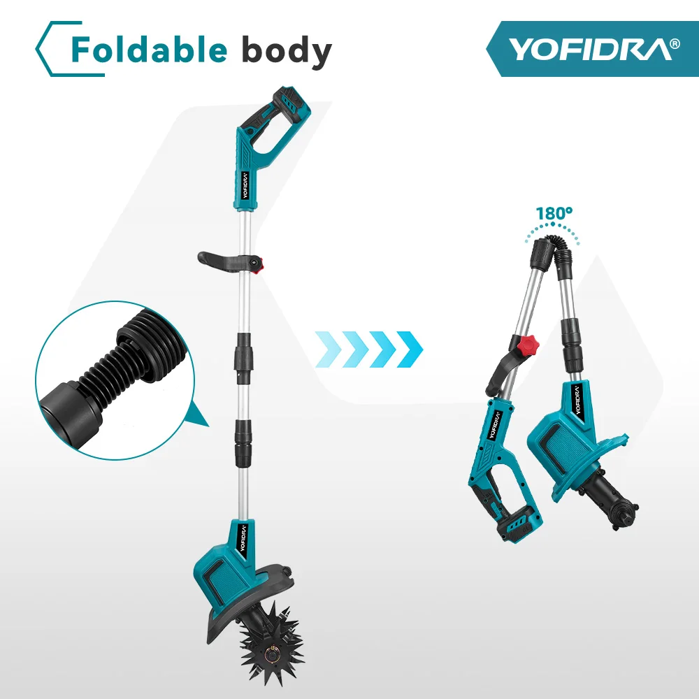 YOFIDRA Elektrische Gartenfräse, Kultivator, Vertikutierer, faltbare Bodenfräse, Bodenlockerer, Gartenwerkzeug für Makita 21V Akku – Detail 18