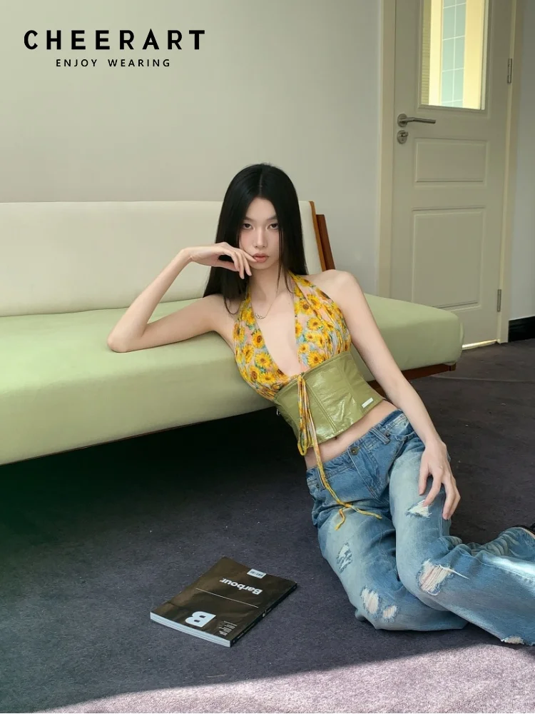 

CHEERART Vacation Daisy Floral Yellow Halter Neck Top For Woman Patchwork Leather Backless Crop Cami Top Beach Club Clothes