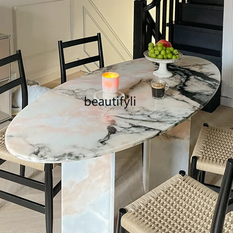 Natural Smoke Powder Marble Ellipse Dining Table round Table French Modern Minimalist Italian Mild Luxury Marble round Table