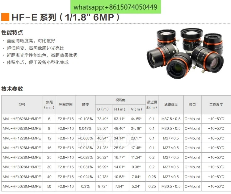 6 million MVL-HF06/08/12/16/25/35/40/50-28M-6MPE industrial lens