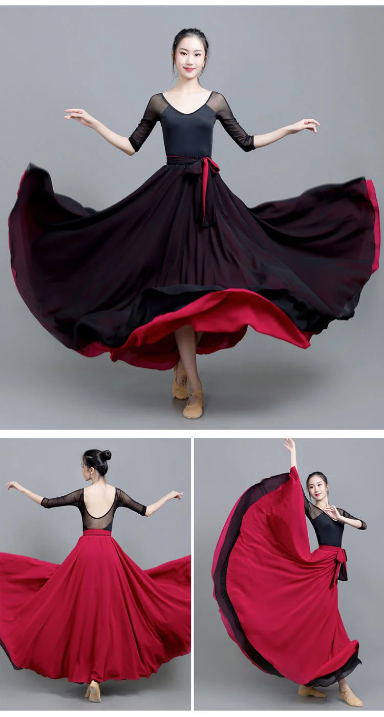 Damen-Flamenco-Rock Spanischer Tanzrock Bauchtanz-Langrock Großer Schwingrock Farbverlauf Performance Zigeunerrock 2025 – Detail 14