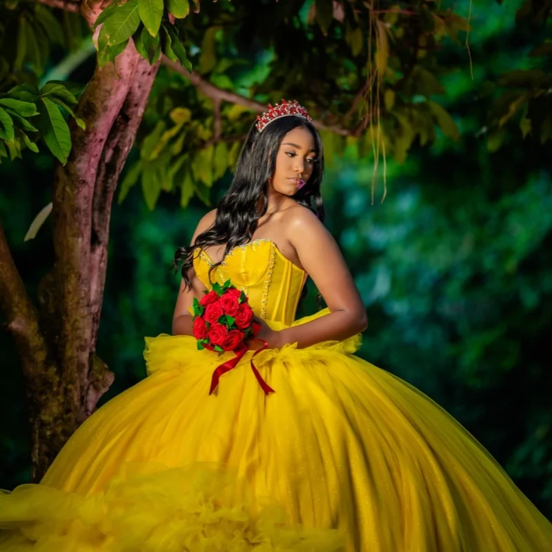 

Yellow Quinceanera Dresses Off the Shoulder Glitter Decal Lace Layering Long tail Bow Vestidoe 15 Quinceanera Customize