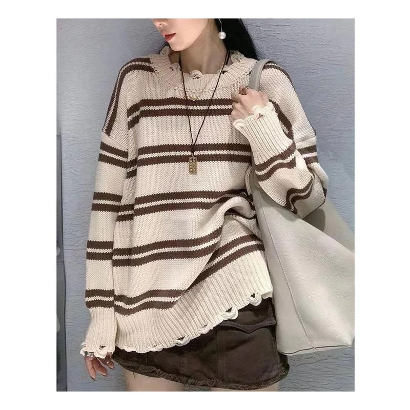 2024 New Loose All-Matching Top Trendy round Neck Ripped Striped Idle Style Pullover Sweater for Women Wholesale