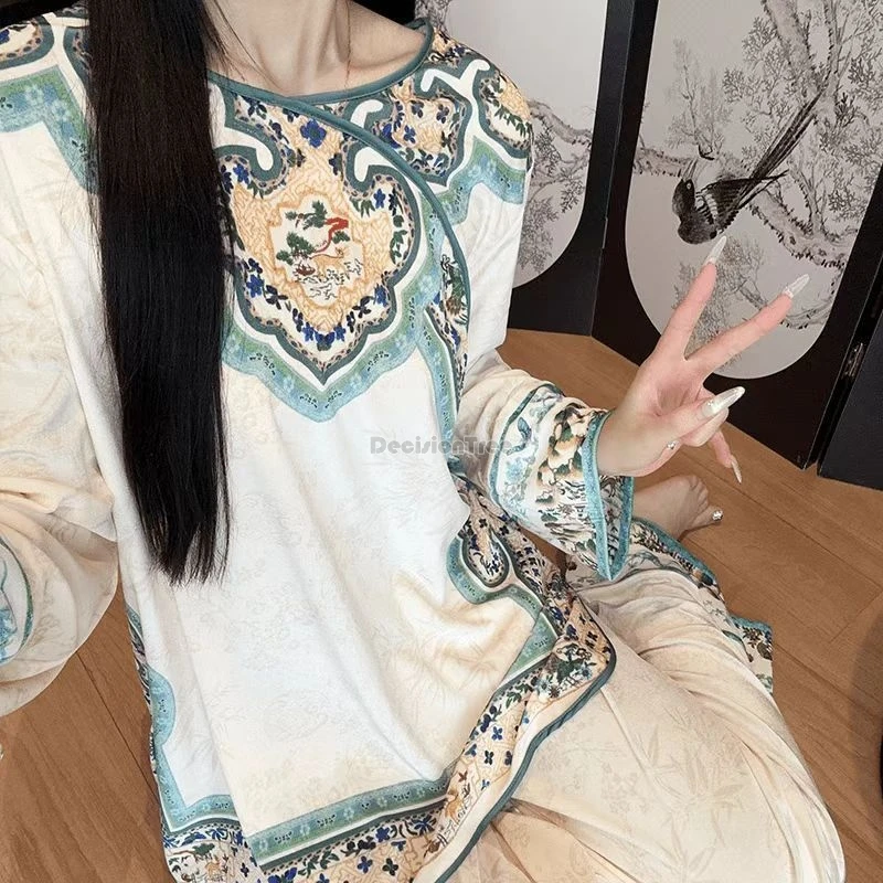 

2024, весенне-осенние китайские пижамы в придворном стиле для женщин, новый древний костюм, свободный комплект домашней одежды ханьфу в этническом стиле с длинными рукавами