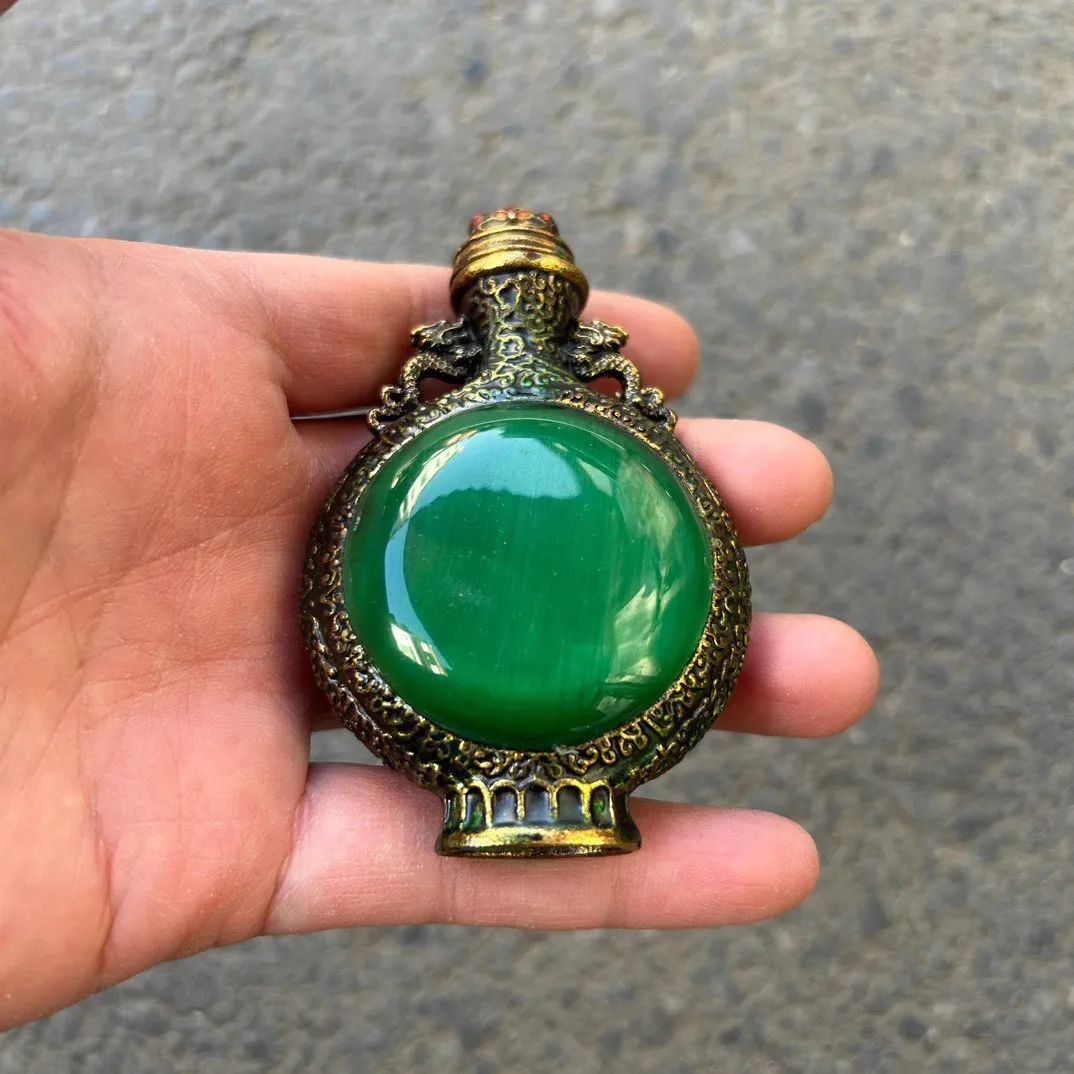 Antique Handmade double-sided copper Inlaid Emerald Snuff Bottle Handle