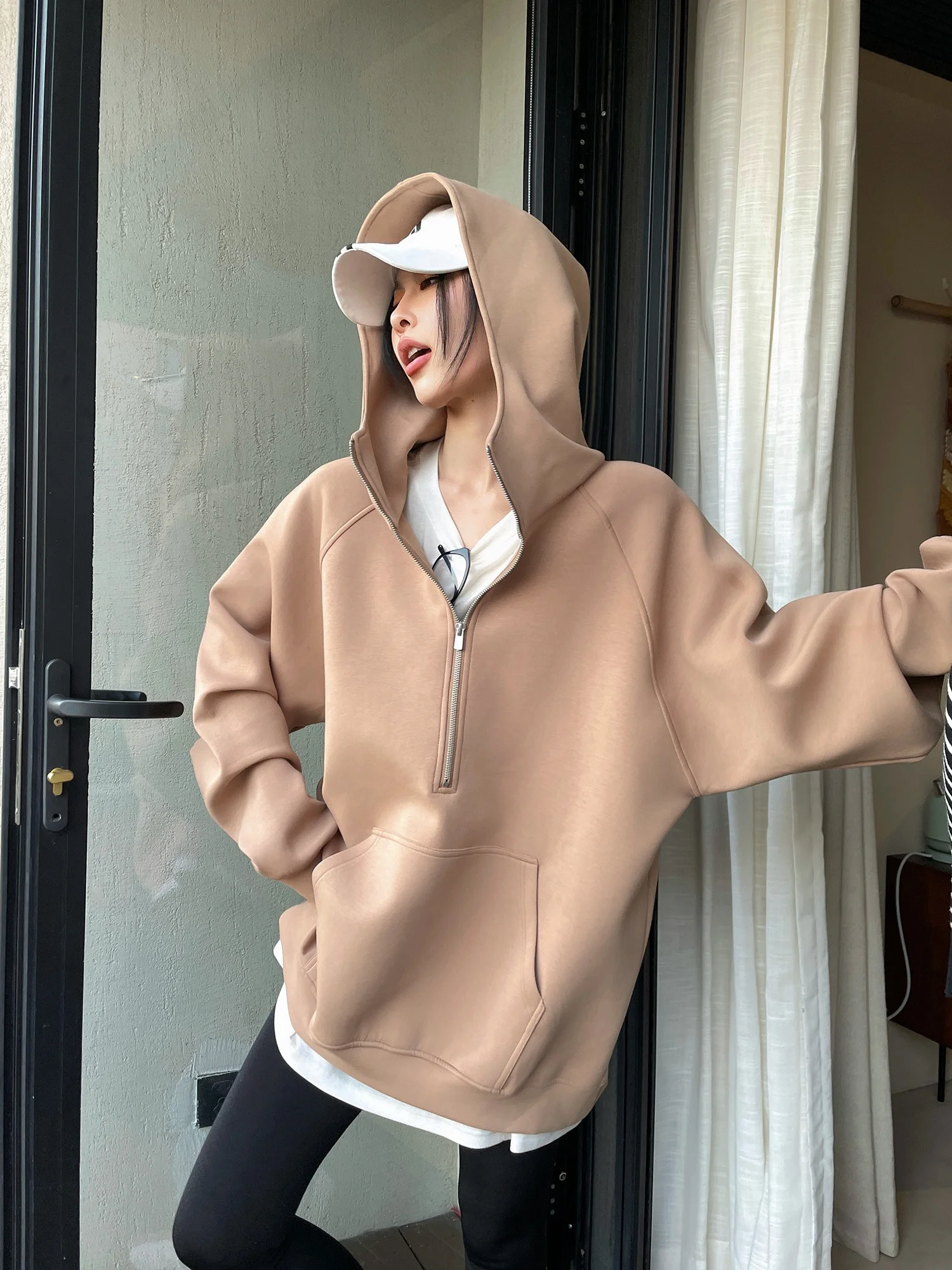 

JCCC adow Cloudy a mat Loose Slimming Air Layer Hooded f Zipper Sweatirt Women's Faion Polyester Cotton M...