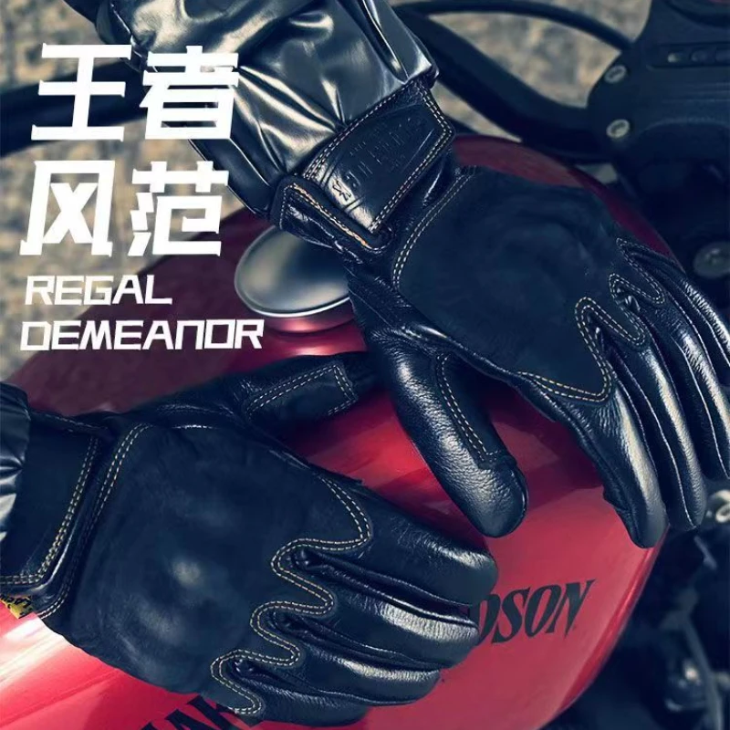 Head layer cowhide retro motorcycle gloves, riding leather gloves, anti drop, windproof touch screen, wear-resistant