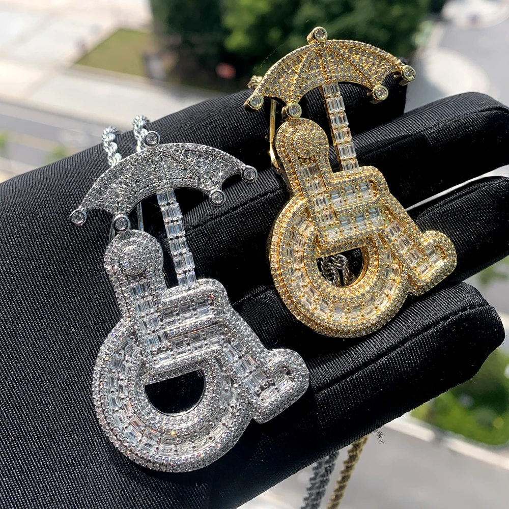 2024 Iced Out Bling 5A Cubic Zirconia Boy Fashion Jewelry Umbrella Disabled Wheelchair Charm Pendant Necklace For Hip Hop Men