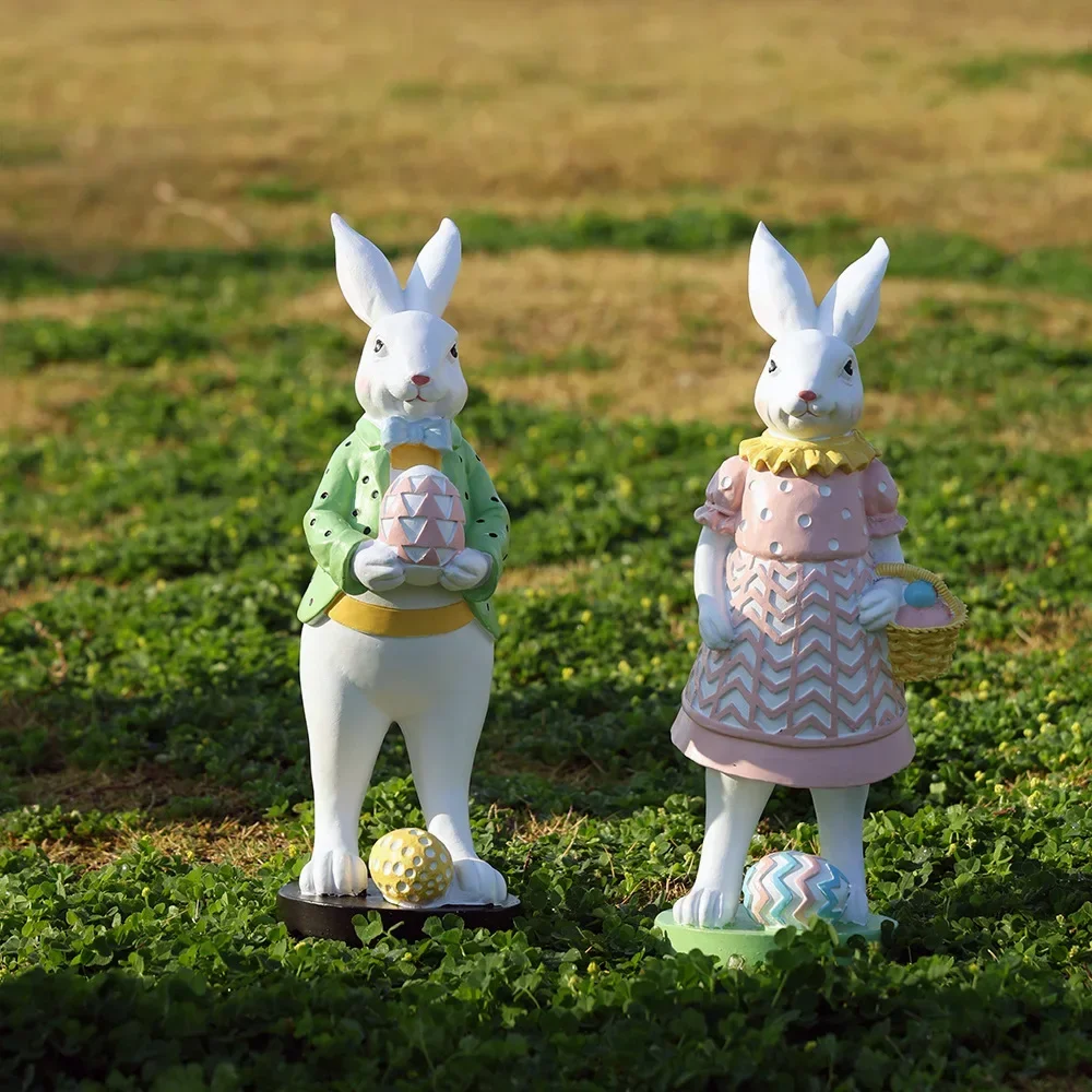 YuryFvna Easter Bunny Figurine Decor Standing Resin White Rabbit Couple Statue Tabletop Ornament Festival Present for Garden