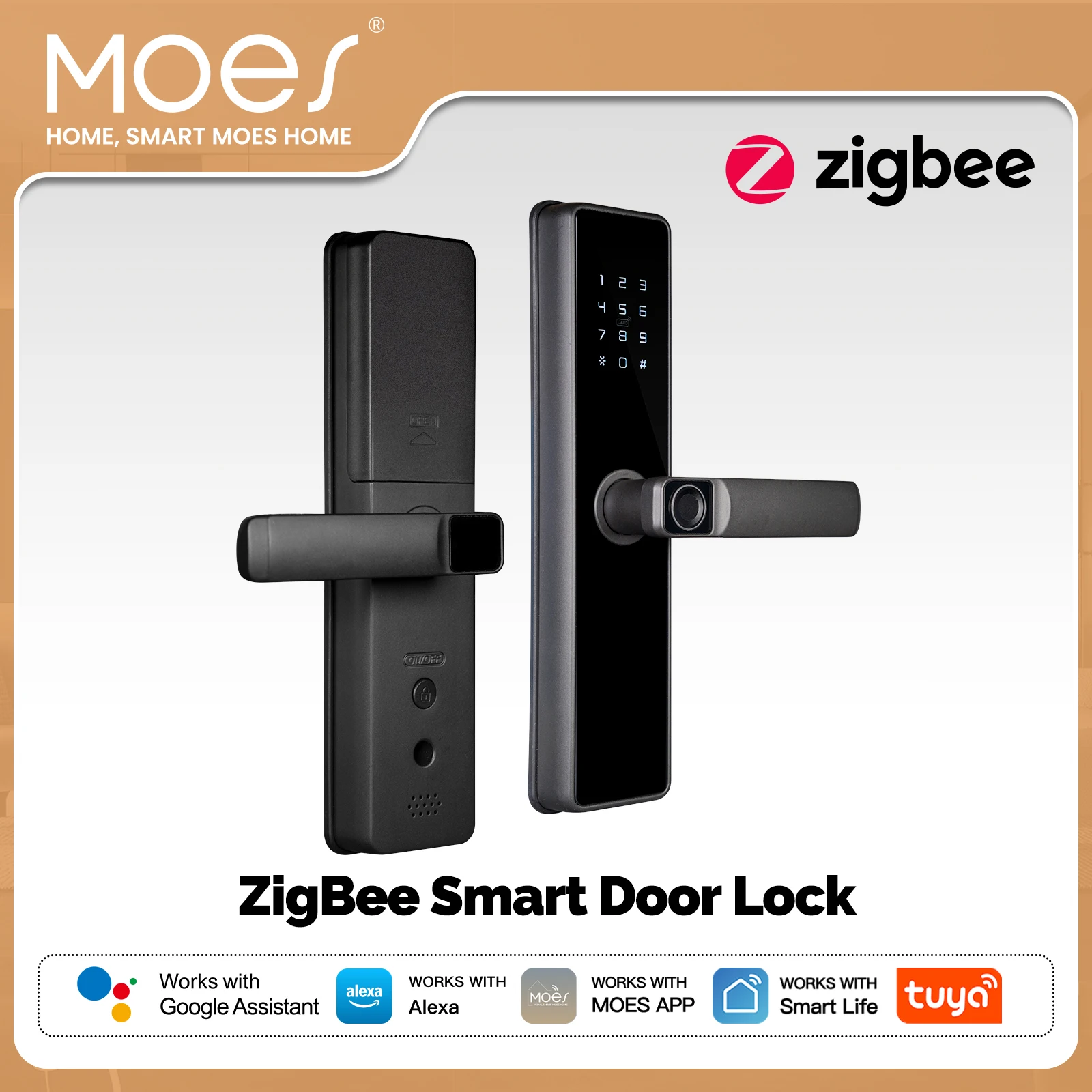 

Умный дверной замок MOES ZigBee Tuya, внутренняя разблокировка с паролем по отпечатку пальца и охранной сигнализацией Alexa