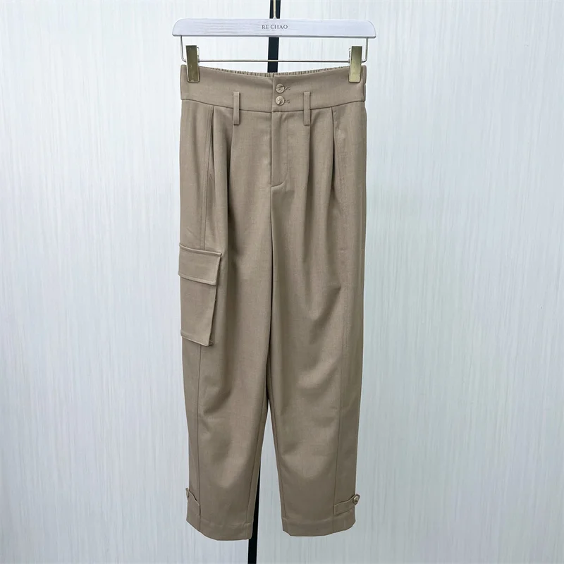 

khaki Pocket Long Pants High Elastic Waist Wide Leg New Loose Fit Trousers Women Fashion Tide Spring Autumn 2023