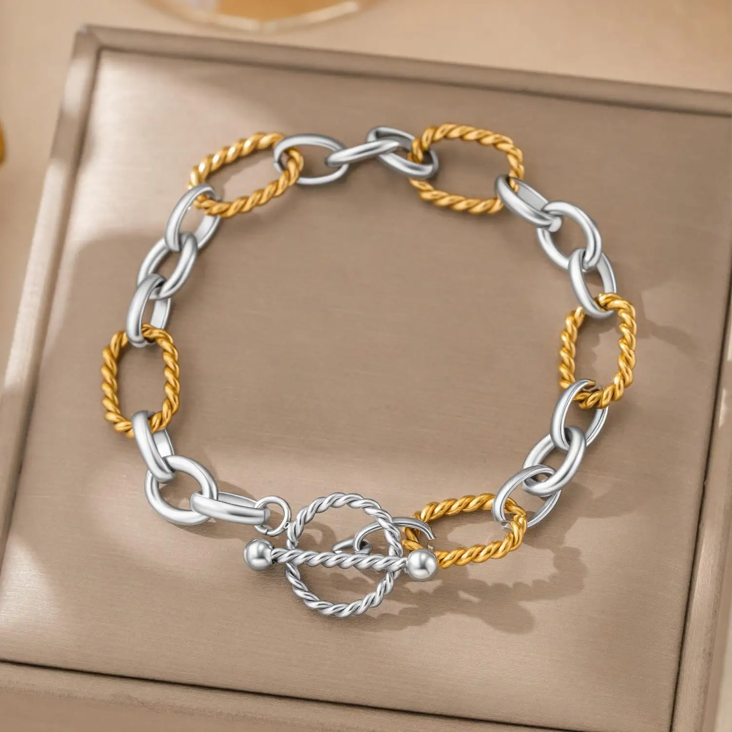 Link Bracelet for Women Two Tone Circles Chain Wire Cable Bangle Adjustable Inspired Dupe Bracelets Gift for Women Mother Girls