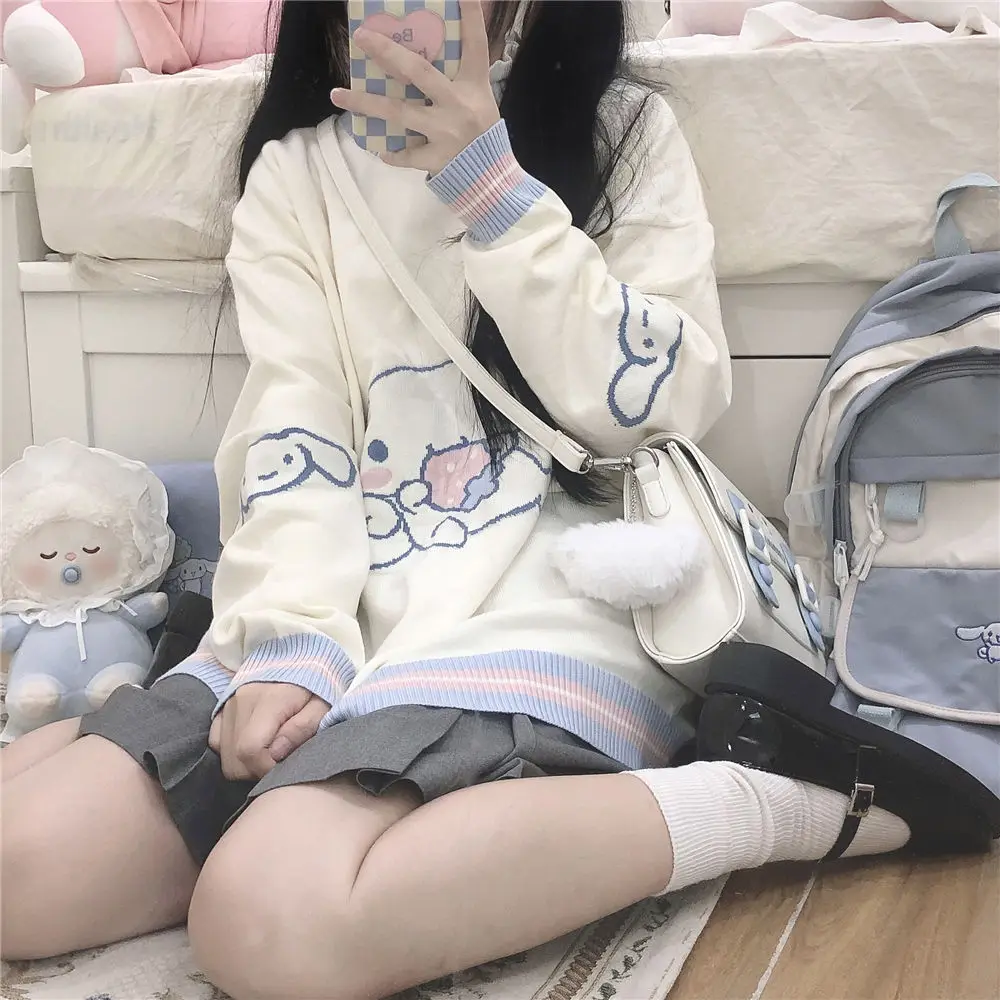 Kawaii Cinnamoroll Sweater Women's Cartoon Sanrio College Style Hoodie All-Match Pullover Knitted Jk Uniform Jacket Girls Gift