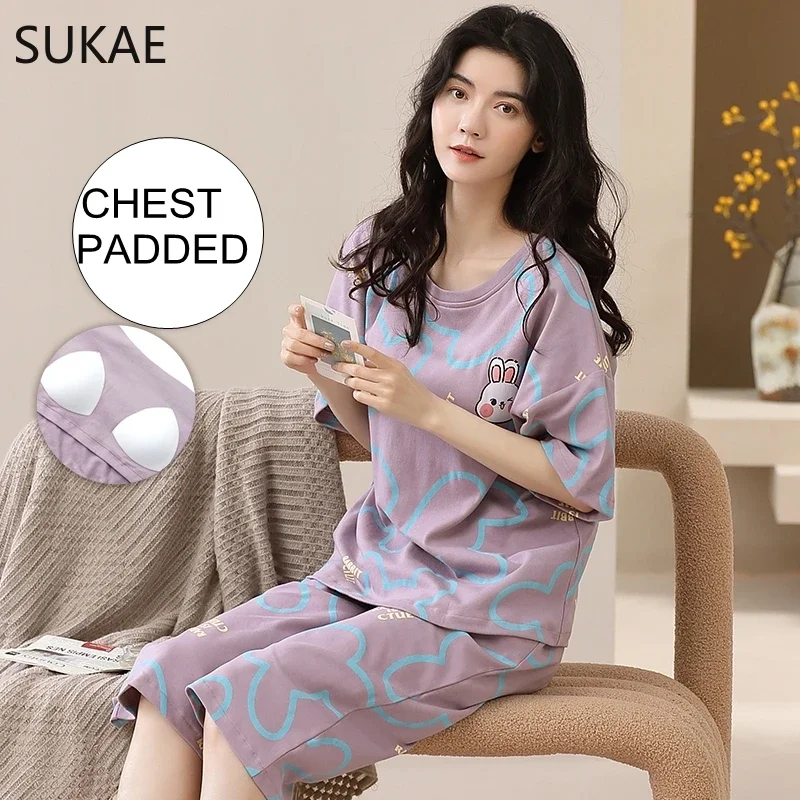 Sukae-女性用コットンパジャマセット,パッド入りベスト,カジュアルパンツ,七分袖,ショーツ,夏